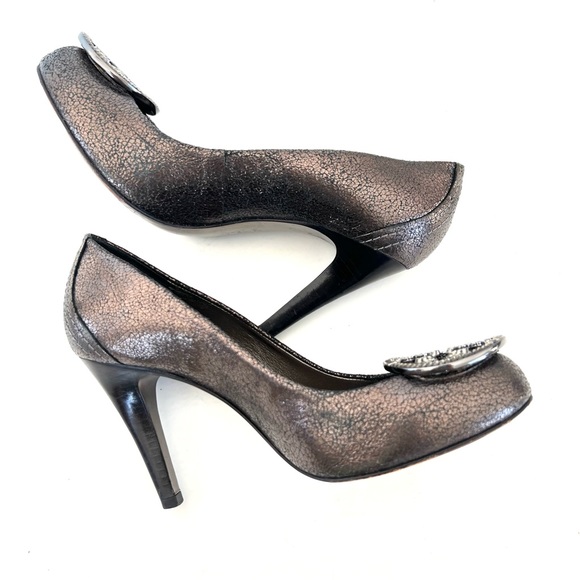 TORY BURCH Pierson-soft Embellished Logo Metallic Gray Leather Pump Heel Sz 7 M - Picture 8 of 11